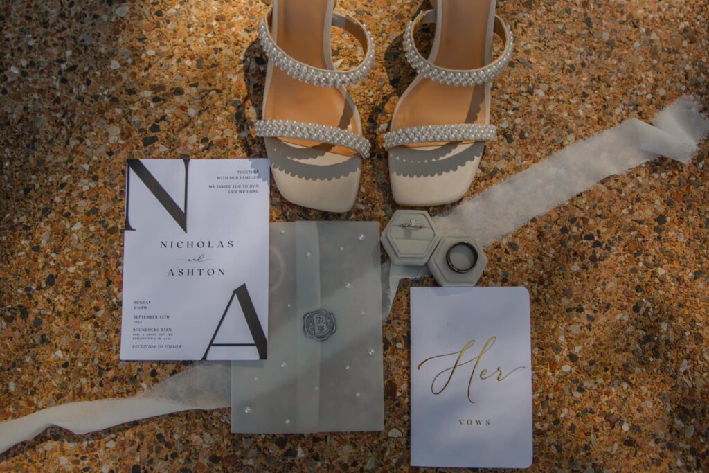 Bridal shoes and details are arranged for photos during wedding planning 6 months out